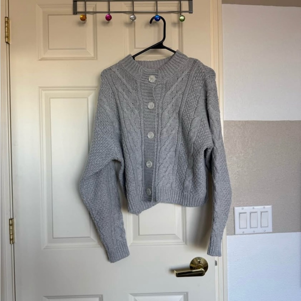 Altar'd State Light Gray Cable Knit Button Cardigan